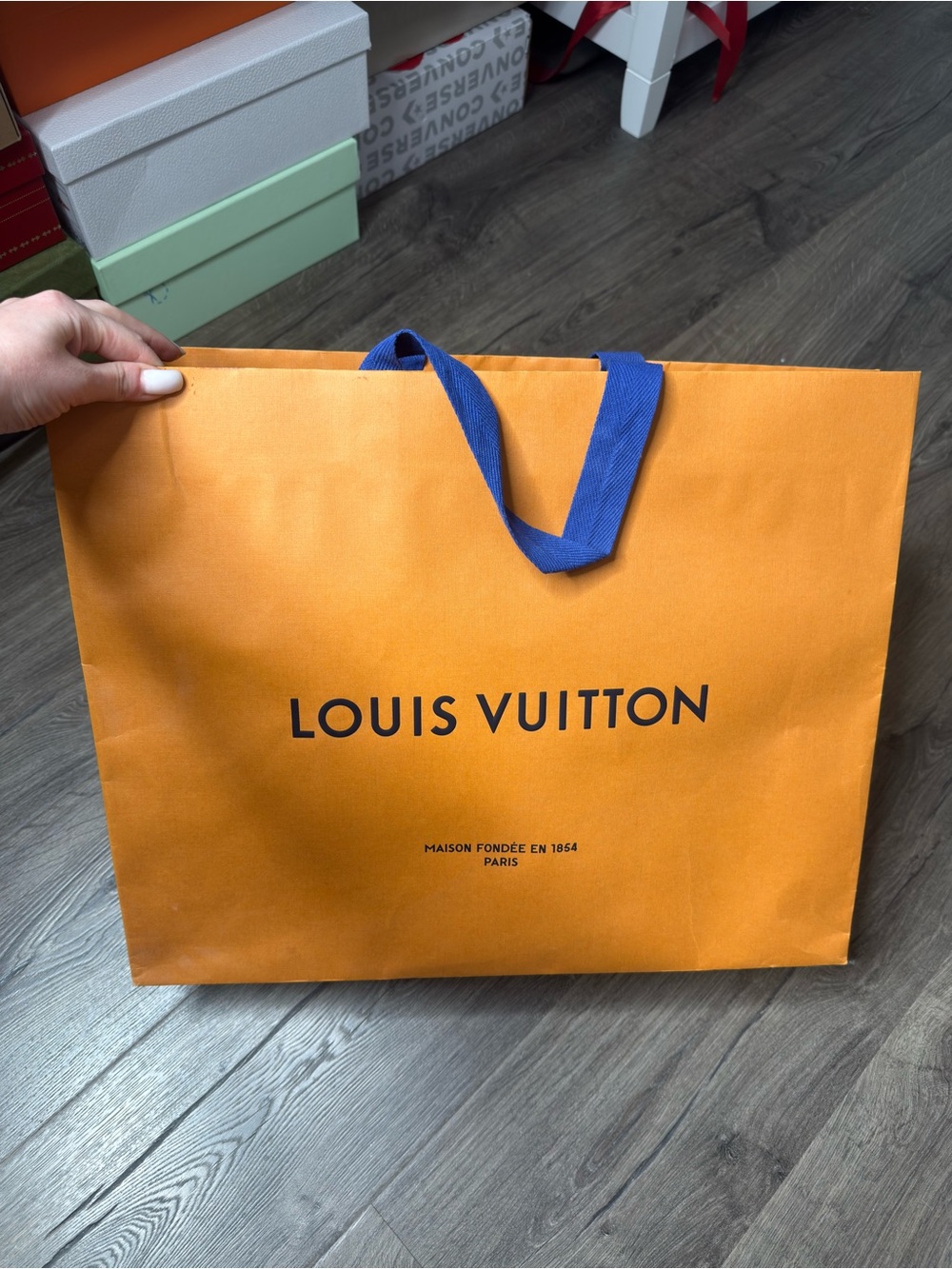Louis Vuitton Large Orange Tote-Style Shopping Bag with Blue Handles